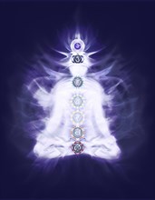 Person sitting in Yoga meditation lotus pose with colored chakra symbols and emanating Qi energy overlayed on the body on dark navy blue purple color background