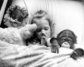 Girl in bed with chimpanzees and dolls