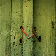 Red bicycle lock closing a green wooden door