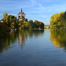Limburg Cathedral St. Georg or Georgsdom and Limburg castle over the river Lahn in autumn