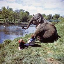Two children fishing with an elephant on the river