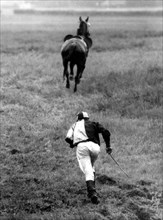 Jockey runs after his horse about 1970's