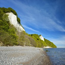 Pebble beach with chalk cliffs on the Baltic Sea