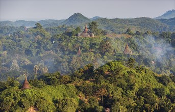 Hills and stupas of Mrauk U as seen from Shwetaung Pagoda at sunrise