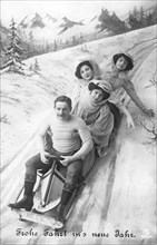 Sledge ride in front of a snow and mountain scenery