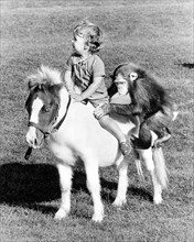 Child and chimpanzee ride on a pony