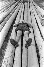 Child lying on felled tree trunks and resting
