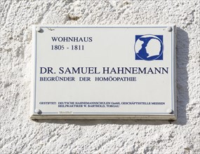 Information panel at the residential house of Dr. Samuel Hahnemann