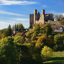 Ruin of Hanstein Castle above the village of Rimbach in autumn