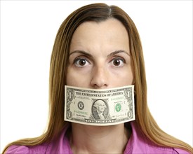 Woman silenced by money gagging her mouth