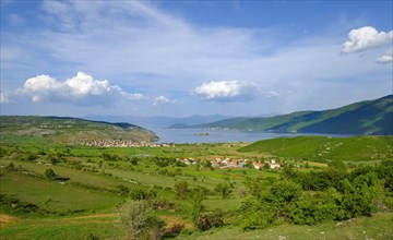 Great Lake Prespa with Maligrad Island and villages of Lejthize and Liqenas