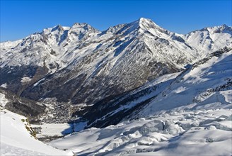 View from the Fee glacier into the valley with winter sports resort Saas-Fee