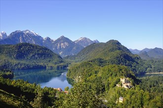 Hohenschwangau Castle with Alpsee and Tannheimer Mountains