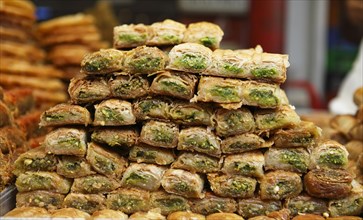 Fresh Baklava stacked on the market in Tel Aviv