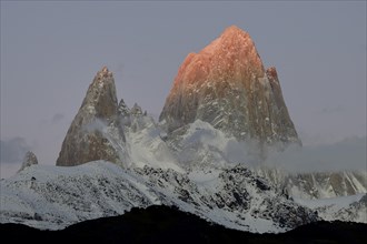 First rays of sunshine on the snow-covered top of Fitz Roy