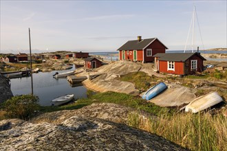 Red wooden houses on the rocky coast