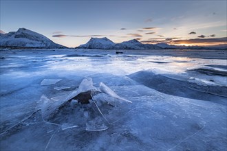 Frozen fjord with broken ice