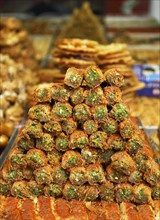 Fresh Baklava stacked on the market in Tel Aviv