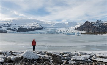 Man stands at Frozen Lagoon with ice floe