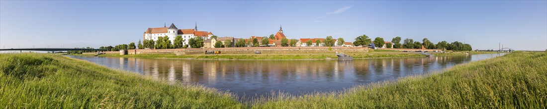 Panorama from the Elbe riverbank with new Elbe bridge