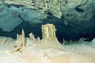 Stalagmites in the underwater cave Cenote Tajma Ha