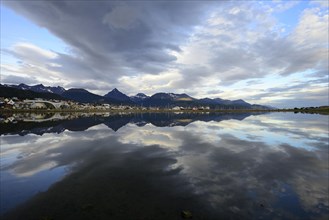 Ushuaia with clouds reflected in Beagle Channel
