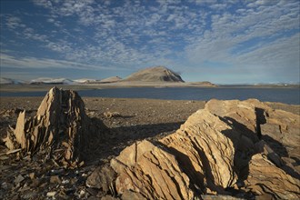 Coastal landscape and polar desert with weathered rocks in the north of the Spitsbergen archipelago