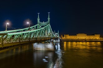 Freiheitsbrucke with Danube and Corvinus University at night