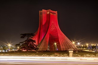 Red illuminated Liberty Tower