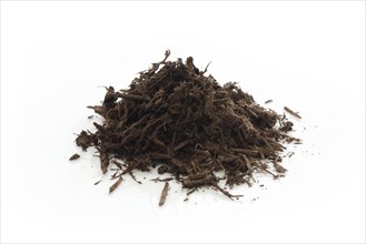 Tree bark and wood chips mulch used in horticulture and gardening. Closeup of an isolated cone pile on white studio background