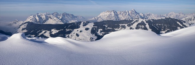 Panorama from Schattberg mountain in winter with Loferer Steinbergen