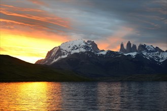 Torres del Paine at sunset with clouds