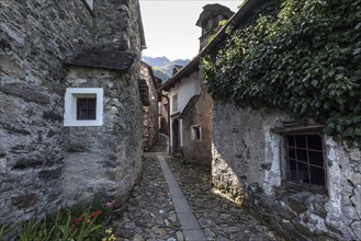 Typical Ticino stone houses in a narrow alleyway in the mountain village of Bordei