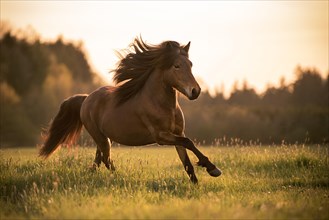 Icelandic horse (Equus islandicus) gallops over meadow