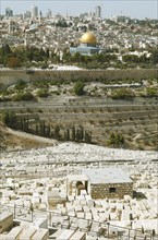 View from the Mount of Olives over the Jewish cemetery to the Dome of the Rock on the Temple Mount in the Old City of Jerusalem