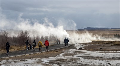 Tourists at the Haukadalur geothermal field