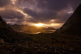 Sunrise over the Ryten mountain near Kvalvika Bay