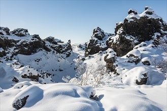 Sun shines on snow-covered lava field