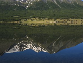 Khoton Lake with green forest landscape and water reflection of snow-covered mountains