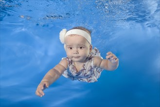 Little girl in a dress swims underwater in the pool