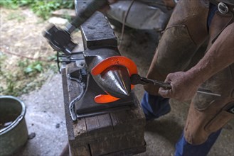 Glowing horseshoe is shaped on the anvil