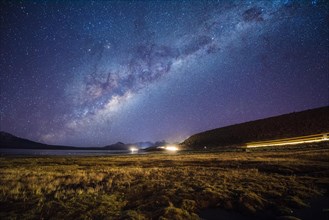 Starry sky with Milky Way on Lake Chungara