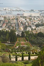 The Gardens of the Bahai on Mount Carmel and Shrine of Bab Tomb with Dome