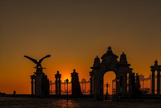 Sunrise with statue of the mythical Hungarian eagle