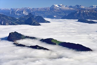 The Burgenstock rises from the sea of fog over Lake Lucerne