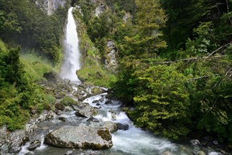 Waterfall between dense rainforest vegetation