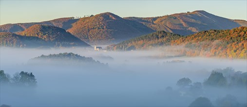 Autumn foggy atmosphere and pilgrimage church Hafnerberg