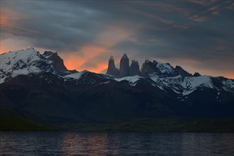 Torres del Paine at sunset with clouds