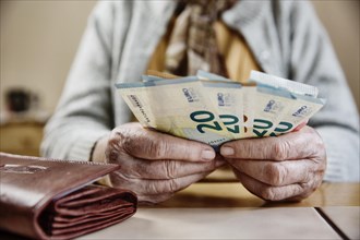 Hand of a senior citizen with euro notes