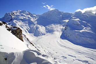 View from Gornergrat over Gornergletscher to Monte Rosa with Dufourspitze 4634m and Liskamm 4527m